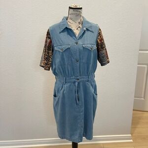 VTG BOHO Carolina Blues Womens Size L Denim Dress Geometric‎ Print Sleeve